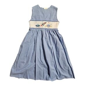 Rosalina Collections Girls Gingham Smocked Space Rocket Embroidered Dress 7Y